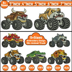 Animal Monster Truck Machine Embroidery Designs Monster Truck Applique Cartoon Truck Embroidery  T-REX Monsters Truck Digital File 5+Sizes