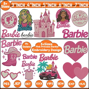 May include: A selection of pink Barbie-themed embroidery designs. The designs feature a castle, a jeep, a cowboy boot, a heart, and the Barbie logo. Sizes range from 7.6 to 17.8 cm.
