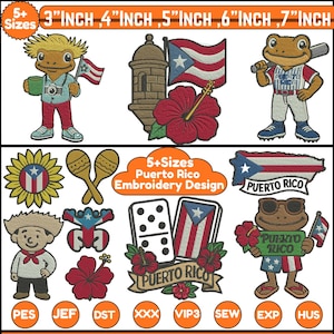 Pode incluir: Uma coleção de designs de bordado com o tema de Porto Rico. A imagem apresenta vários elementos bordados, incluindo um sapo com um taco de beisebol, um sapo com óculos de sol, a bandeira de Porto Rico e uma flor de hibisco. Tamanhos de 7.6 a 17.8 cm.