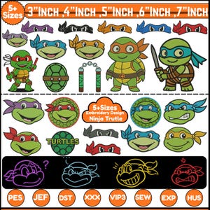 May include: A collection of embroidery designs featuring the Teenage Mutant Ninja Turtles. The designs include various turtle faces, full-body figures, and accessories. Sizes range from 3 to 7 inches. The text "5+ Sizes" and "Ninja Trutle" are also present.
