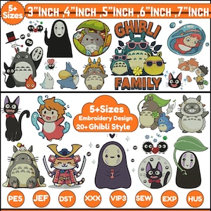 Könnte beinhalten: Eine Sammlung von Stickmustern mit Charakteren aus Ghibli-Filmen. Die Designs sind in verschiedenen Größen erhältlich, von 7,6 cm bis 17,8 cm. Das Bild enthält den Text "5+ Sizes" und "Embroidery Design 20+ Ghibli Style".