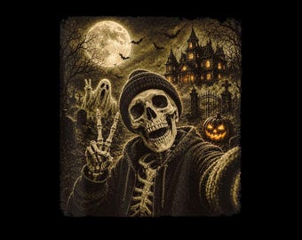 Skeleton Selfie Haunted House PNG, Vintage Halloween Horror, Ghost Pumpkin Digital Download