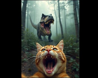 Screaming Cat Dinosaur Chase PNG, Funny T Rex Forest, Animal Digital Download