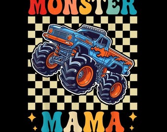 Monster Truck Mama PNG, Retro Racing Checkered Design, Boy Mom Graphic, Transparent Background