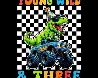 Dinosaur Monster Truck 3rd Birthday PNG, retro checkerboard, toddler shirt, transparent background