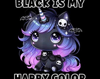Black Is My Happy Color Gothic Unicorn PNG, Pastel Goth Skull Bat Art