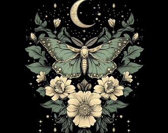 Luna Moth Floral Moon PNG, Celestial Botanical, Gothic Nature Digital Download