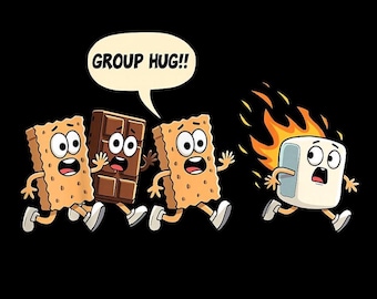 Group Hug Smores Characters PNG, Funny Camping Snack, Marshmallow Campfire Humor, Transparent Background