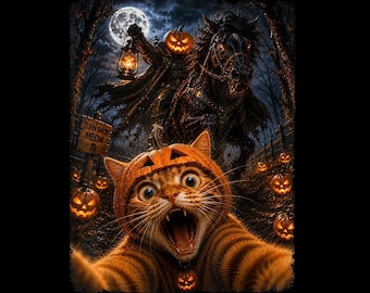 Turn Back Meow Scared Cat PNG, Headless Horseman Halloween, Pumpkin Digital Download