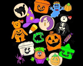 Retro Halloween Plush Character Collage PNG, Nostalgic Spooky Toy Art