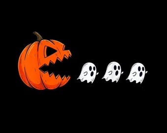 Pumpkin Ghost Chase PNG, Retro Halloween Arcade Style, Spooky Digital Download