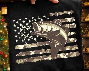 American Flag Bass PNG, Patriotic Fishing, Distressed Camo Style, Anglers, Shirt Design, Transparent Background