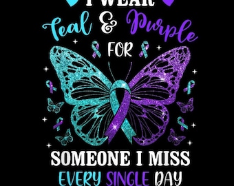 Ich trage aquamarinen und lila Schmetterling PNG, Awareness Ribbon Design, Jemand, den ich vermisse Unterstützung PNG, transparenten Hintergrund