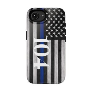 Aangepaste tekst iphone 16e iPhone-hoesje dunne blauwe lijn houtnerf Amerikaanse vlag | Schokbestendige behuizing
