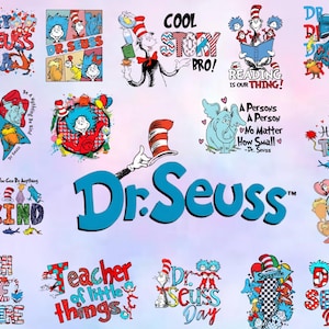 May include: A selection of vibrant Dr. Seuss-themed designs. The images showcase characters and quotes from Dr. Seuss books, including "Cool Story Bro!", "Reading is Our Thing!", and "Here Comes Trouble". The designs are in various styles and colours.