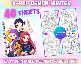 Demon Hunters Kpop 40 kleurplaten, afdrukbare pdf digitale download, Kids Birthday Activity Party Favor, Huntrix Saja Boys kleurboek