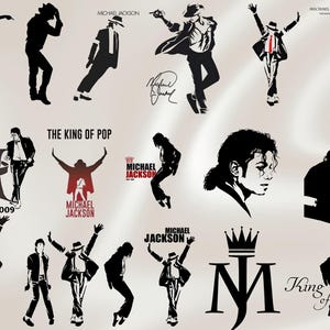May include: A collection of black and white illustrations and silhouettes of Michael Jackson in various poses. The images include the singer's signature, the words "MICHAEL JACKSON" and "King of Pop", and the years "1958-2009".