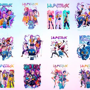 Puede incluir: Una colección de coloridas impresiones de arte digital con el texto "HUNTRAX" e ilustraciones estilizadas de personajes de estilo anime. Cada diseño presenta un grupo de personajes con cabello y atuendos vibrantes, a menudo acompañados de criaturas fantásticas.