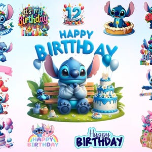Puede incluir: Una colecci&oacute;n de ilustraciones digitales coloridas con el personaje Stitch de Lilo & Stitch. Las im&aacute;genes incluyen pasteles de cumplea&ntilde;os, globos y las palabras "Feliz Cumplea&ntilde;os" en varios dise&ntilde;os. El tema general es una celebraci&oacute;n de cumplea&ntilde;os.