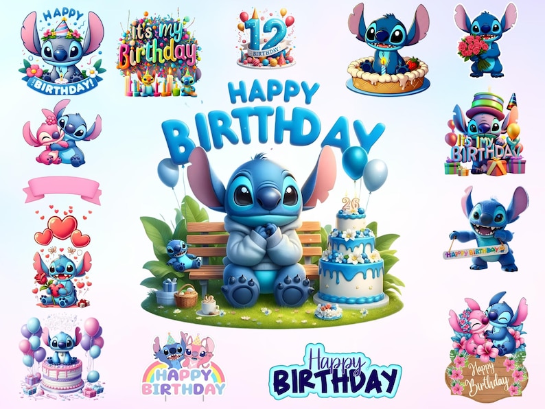 Puede incluir: Una colecci&oacute;n de ilustraciones digitales coloridas con el personaje Stitch de Lilo & Stitch. Las im&aacute;genes incluyen pasteles de cumplea&ntilde;os, globos y las palabras "Feliz Cumplea&ntilde;os" en varios dise&ntilde;os. El tema general es una celebraci&oacute;n de cumplea&ntilde;os.