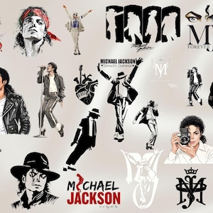 May include: A collection of illustrations and graphics featuring Michael Jackson. The images include portraits, silhouettes, and action poses, some with text like "WHO'S BAD?" and "MICHAEL JACKSON". The color palette is primarily black, white, and red.