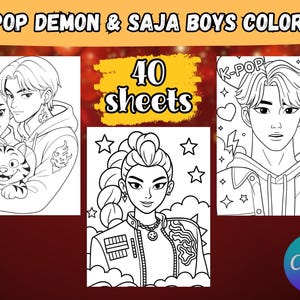 May include: A coloring book cover with the text "K-POP DEMON & SAJA BOYS COLORING" and "40 sheets." The cover features three black and white illustrations of K-Pop-style characters. The Canva logo is in the bottom right corner.