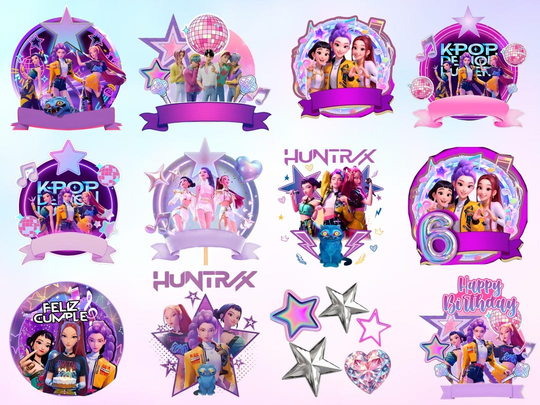 Huntrix Topper Kpop Demon Hunters Cake Topper Bundle | Huntrix Birthday Party PNG ...