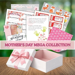 Puede incluir: Una Mega Colección del Día de la Madre con cupones, pegatinas y tarjetas con diseños florales y de zorros. Incluye una caja de regalo blanca con lazo e interior rosa.