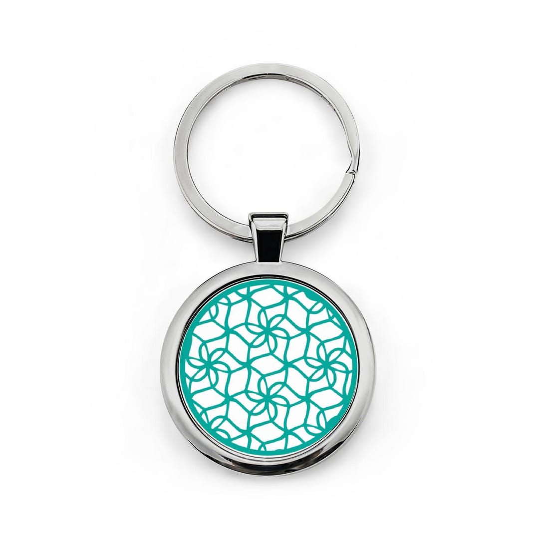 Geometric Keychains Teal Geometric Pattern Round Keychain | Stainless Steel - Etsy