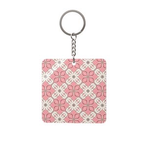 Pink Geometric Floral Pattern Square Keychain | Retro Tile Motif