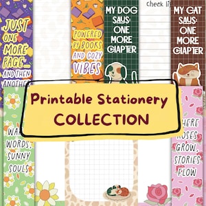 Può includere: Una collezione di cancelleria stampabile con vari design, inclusi segnalibri e fogli per appunti con illustrazioni di libri, fiori, un cane e un gatto. Il testo include frasi come Just One More Page, Powered by Books e My Dog Says One More Chapter.