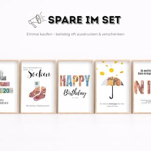 Puede incluir: Un conjunto de cinco impresiones artísticas enmarcadas con fondo blanco y marcos de madera. Las impresiones presentan diseños temáticos de cumpleaños con texto e imágenes de dinero. El texto superior dice "SPARE IM SET".