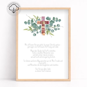 May include: A framed print featuring a cross design made of currency, surrounded by green foliage. The print includes German text, with a message of faith and encouragement. The frame is a light wood color.