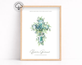 Geldgeschenk Kommunion Druckvorlage | Kreuz Motiv PDF Sofort Download | Last Minute Kommunionsgeschenk Mädchen Junge | A3 A4 A5
