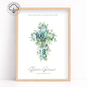 Pode incluir: Impressão emoldurada com um desenho de cruz feito de notas de euro e vegetação. A impressão inclui texto em alemão, com as palavras "100 EURO" visíveis nas notas. A moldura é de cor clara.