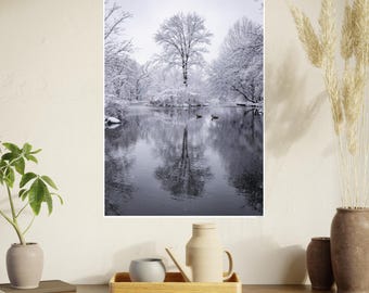Winter Reflection, Snowfall Lake Print, Prospect Park Brooklyn Photo, Vertical Nature Wall Art, Snowy Landscape Photography, Fine Art Print