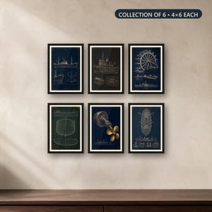 May include: A collection of six framed prints, each measuring 10x15 cm, featuring technical nautical blueprints. The dark blue and black backgrounds display detailed gold and white line drawings of various ships, boat hulls, and mechanical parts.