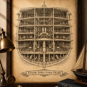 May include: A framed technical illustration on aged paper depicting the Titanic structural frame in a cross-section view. The black ink drawing shows the internal decks and hull architecture with the text TITANIC STRUCTURAL FRAME at the bottom.