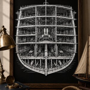 May include: A framed black and white technical cross-section illustration of a ship's interior structure, showing multiple decks, support beams, and mechanical components, displayed in a dark wooden frame on a desk with nautical decor.