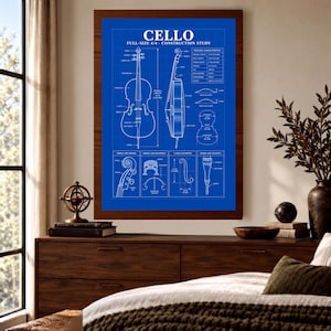 May include: A framed wall art print featuring a blue technical blueprint of a full-size 4/4 cello. The diagram displays front and side views of the instrument, along with detailed technical drawings of the scroll, bridge, and tailpiece components.