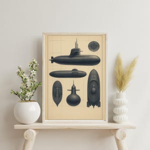 Submarine Blueprint Art – Vintage Naval Engineering Illustration | Nautical Wall Art (Digital Download)