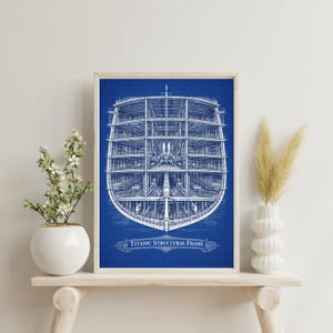 May include: A framed blueprint of the Titanic's structural frame, in white against a deep blue backdrop. The detailed architectural drawing shows the ship's internal structure. The text "TITANIC STRUCTURAL FRAME" is at the bottom of the image.