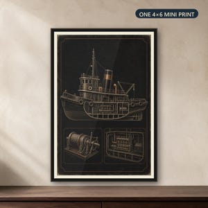 May include: A framed 4x6 mini print featuring a technical blueprint illustration of a tugboat on a dark background. The artwork displays a side profile of the vessel, a mechanical winch, and an engine room schematic with copper and black tones.