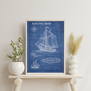 Vintage Sailing Ship Blueprint Wall Art – Nautical Maritime Illustration, Printable Digital Download