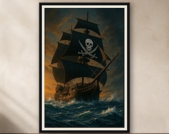 Pirate Ship Wall Art, Dark Ocean Print, Gothic Study and Game Room Decor, Digital Download