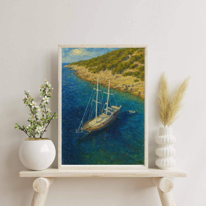 Gulet Sailboat Wall Art, Coastal Boat Painting, Mediterranean Sea ...