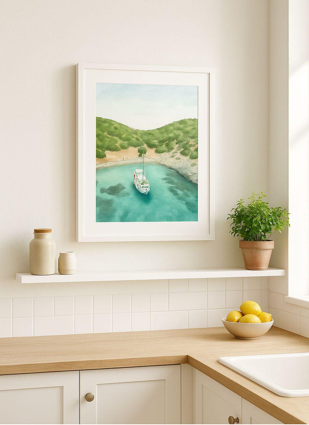 Watercolor Mediterranean Cove With Gulet Sailboat – Wall Art Print - Etsy
