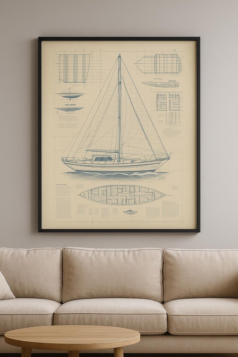 Sailing Yacht Blueprint Wall Art Nautical Technical Drawing Boat Plan ...