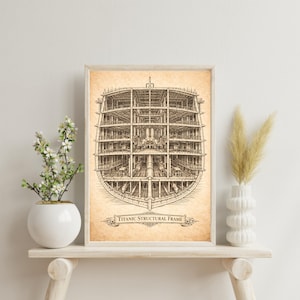 May include: A framed print depicting the structural frame of the Titanic, rendered in sepia tones. The detailed cross-section illustration shows the ship's internal framework, with the text "TITANIC STRUCTURAL FRAME". The print is displayed on a wooden shelf.