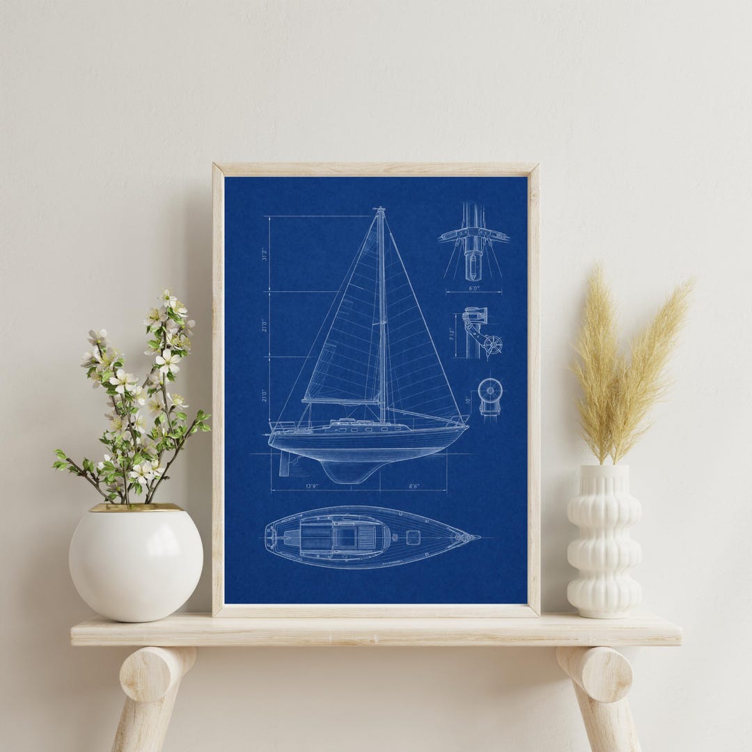 Sailboat Blueprint Poster, Nautical Boat Plan Wall Art, Maritime ...